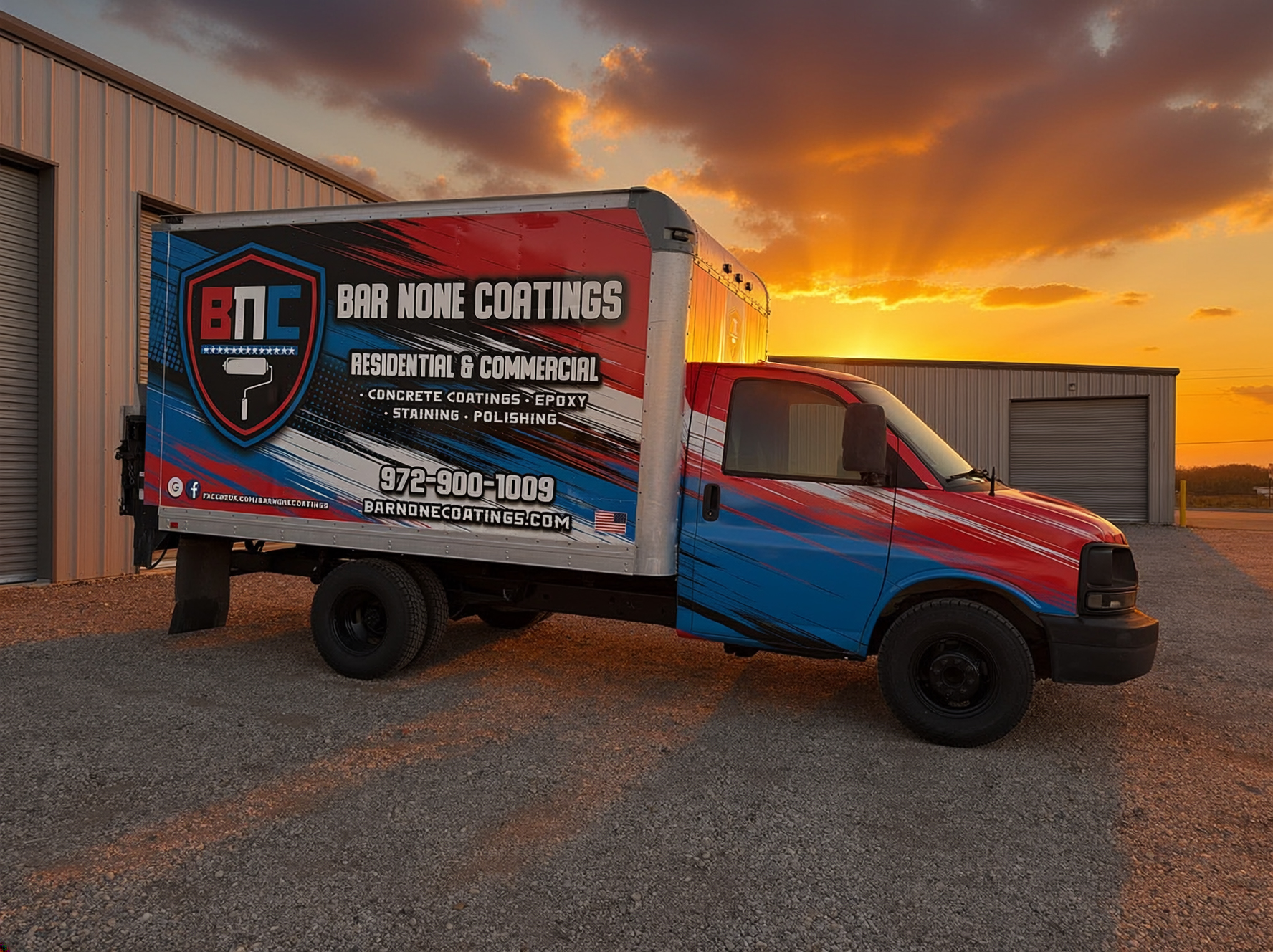 Bar None Coatings work truck at sunset